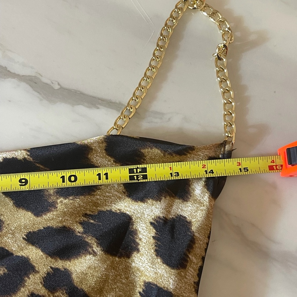 MICAS Leopard Print Satin Maxi Dress Gold Chain Open Back Size L - Picture 5 of 9